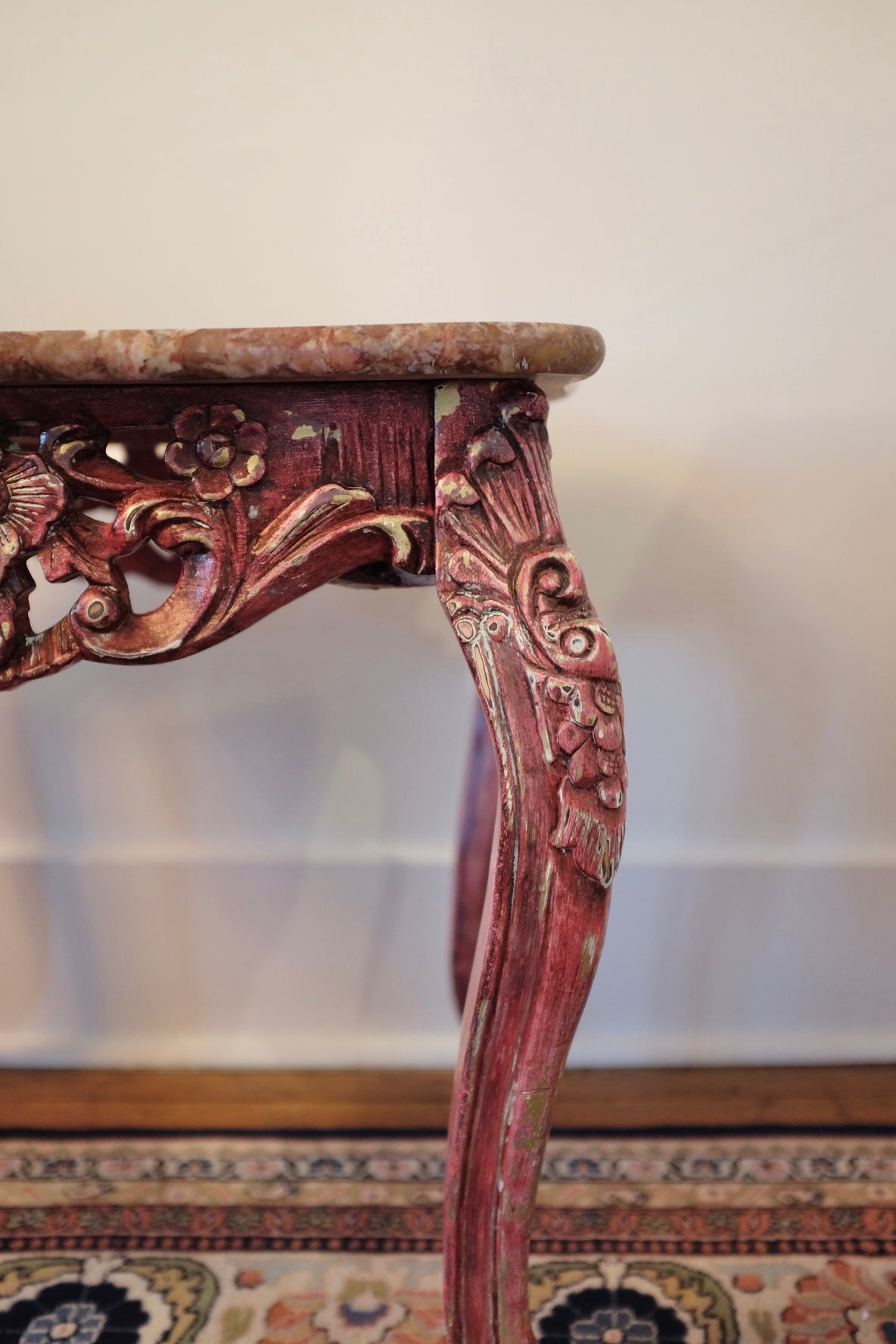 20th Century Carved Wood Pink Marble Top Tables