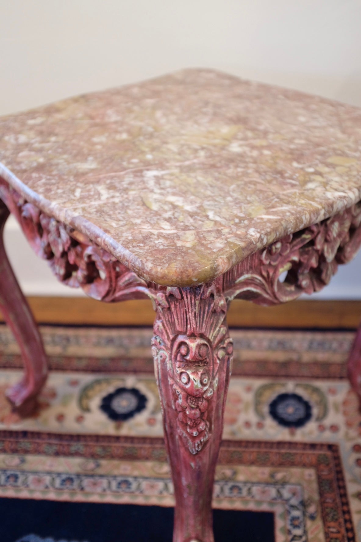 20th Century Carved Wood Pink Marble Top Tables