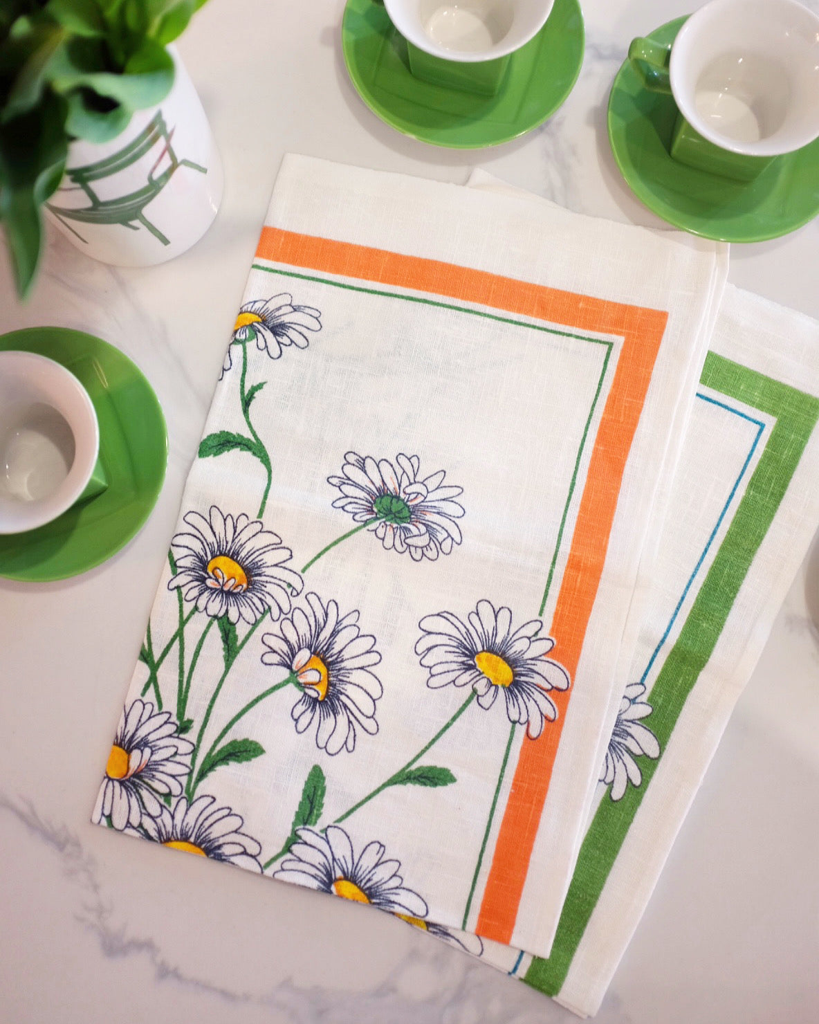 Green and Orange Daisy Kitchen Towels