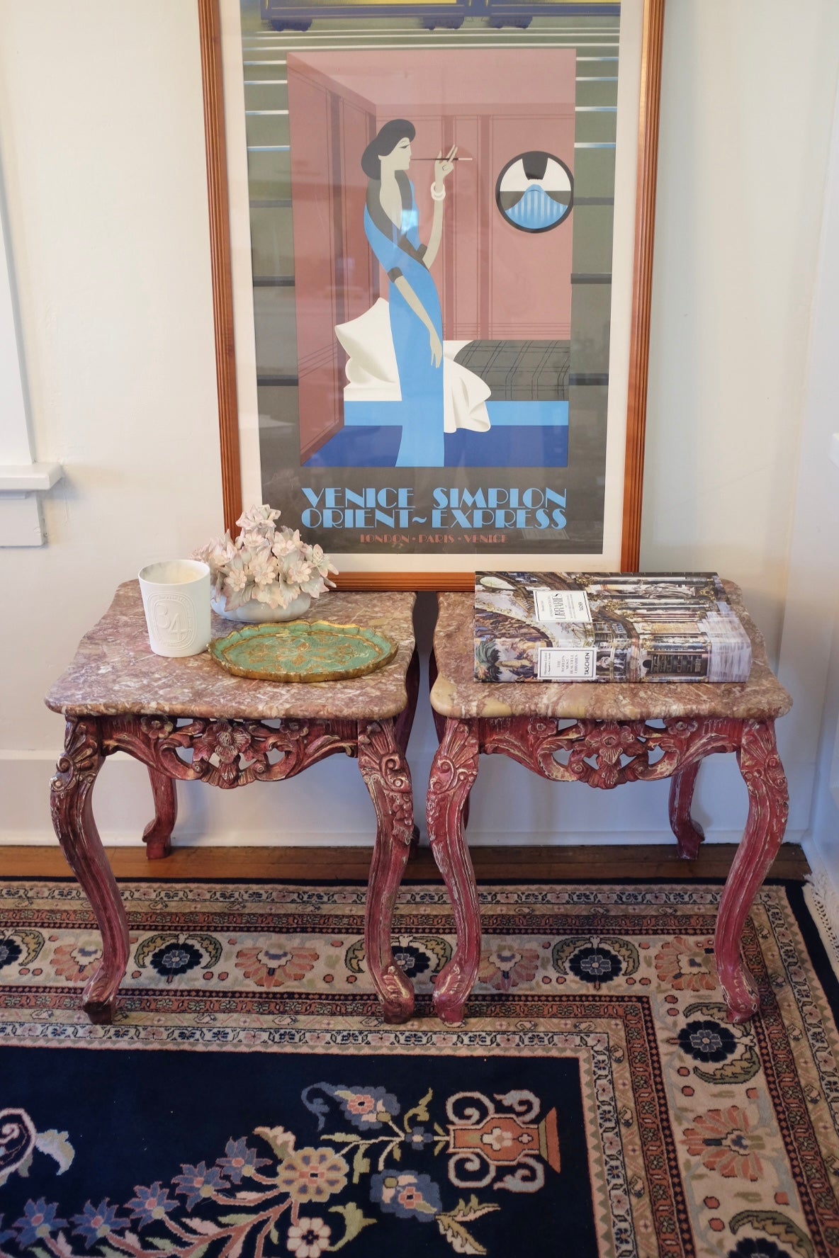 20th Century Carved Wood Pink Marble Top Tables