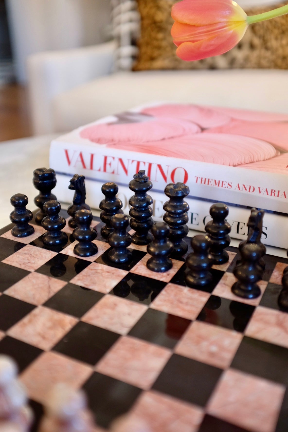 Pink and black marble chess board