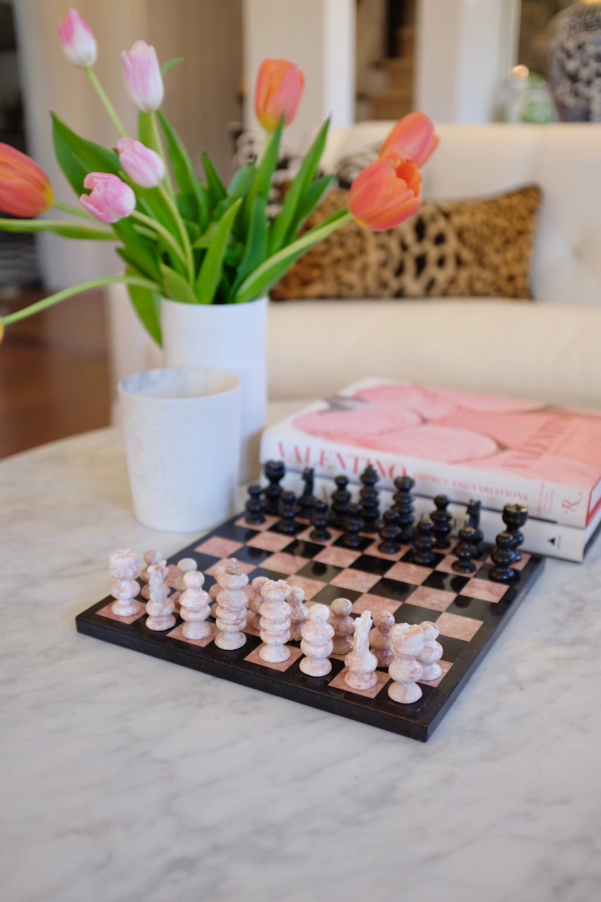 Pink and black marble chess board