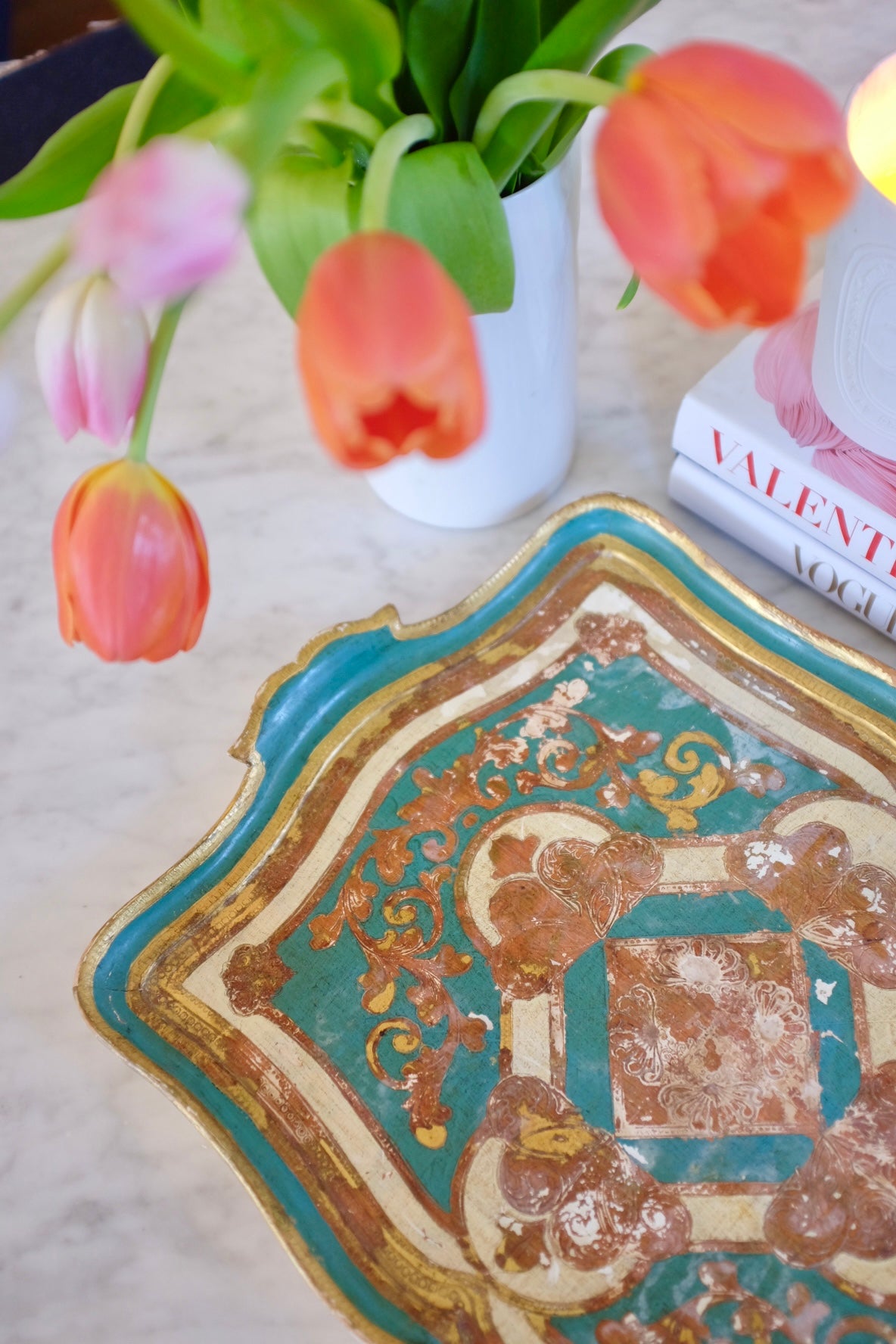 1950s Teal and Gilt Gold Florentine Tray