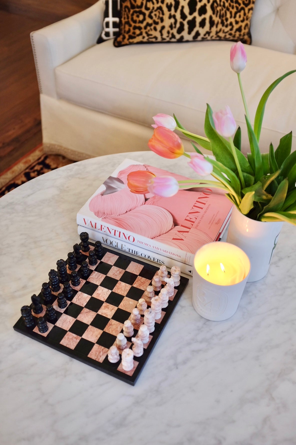 Pink and black marble chess board