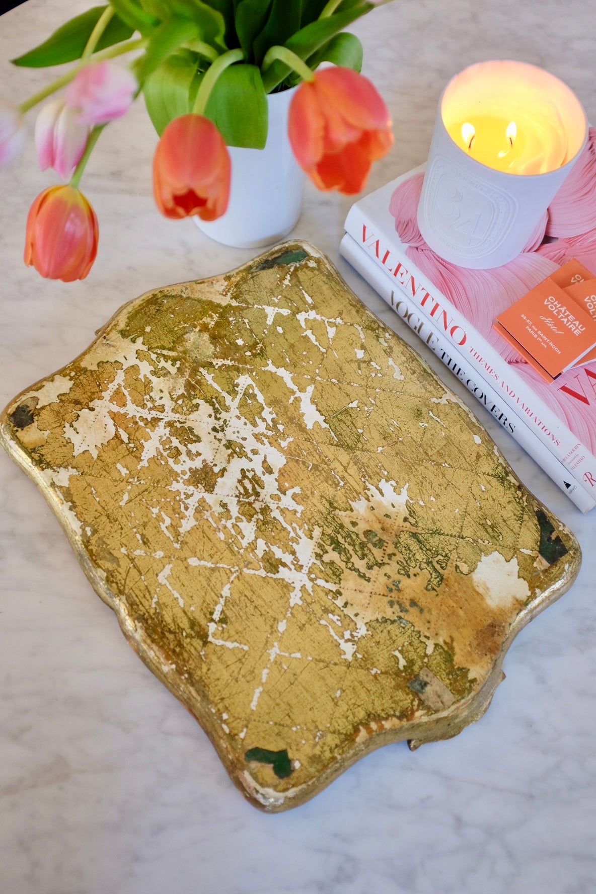 1950s Florentine Pink and Gold Tray
