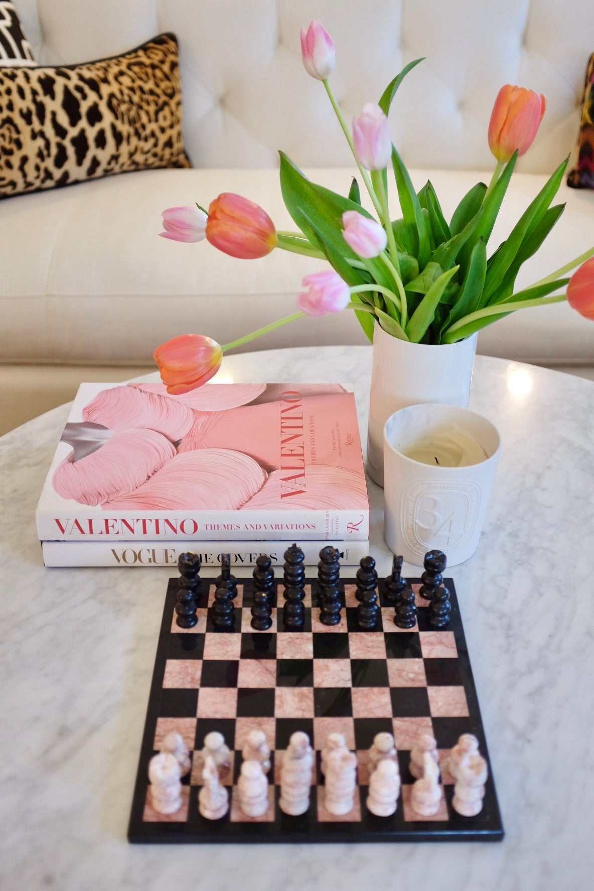 Pink and black marble chess board