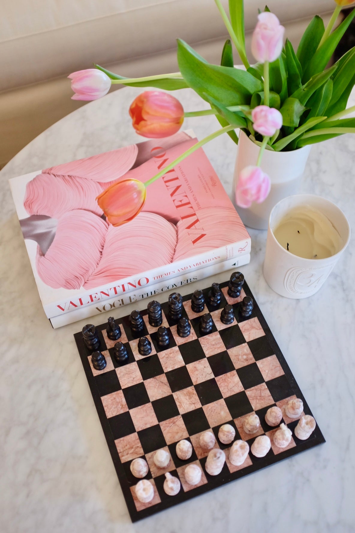 Pink and black marble chess board