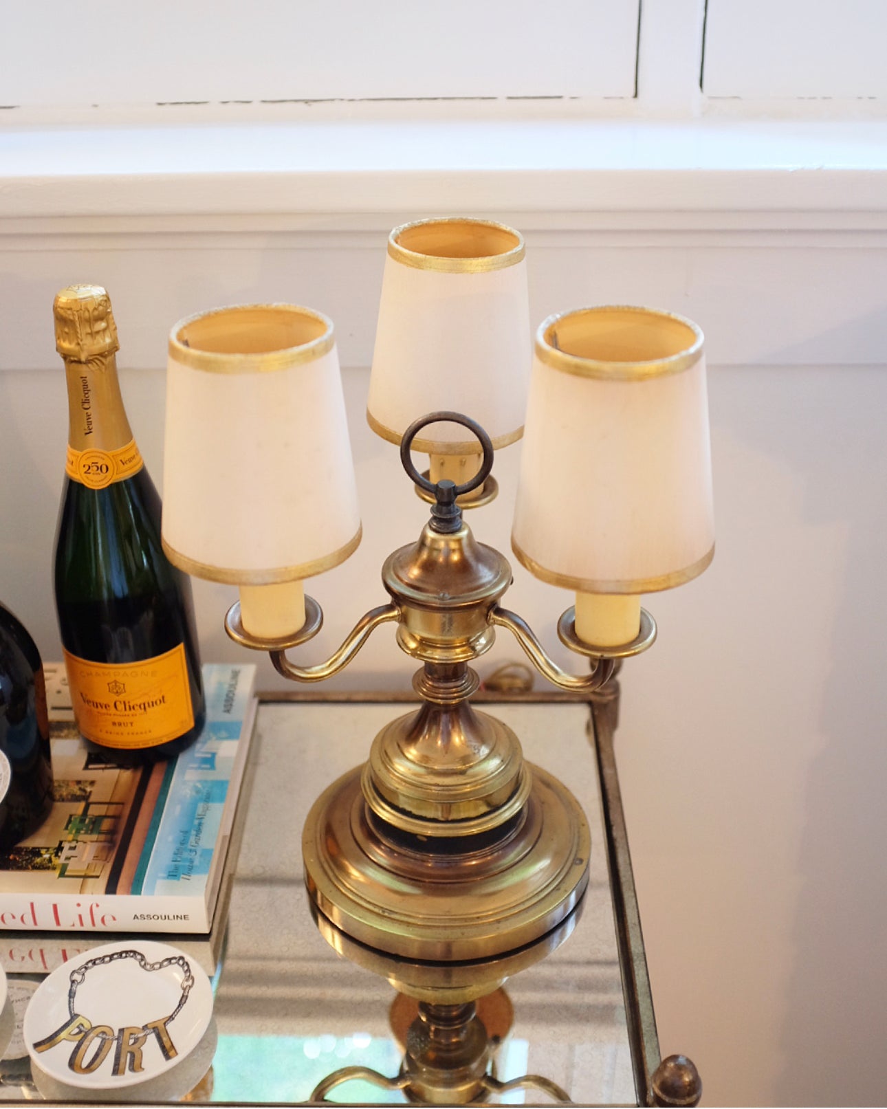 Brass Table Lamp with Cream & Gold Shades