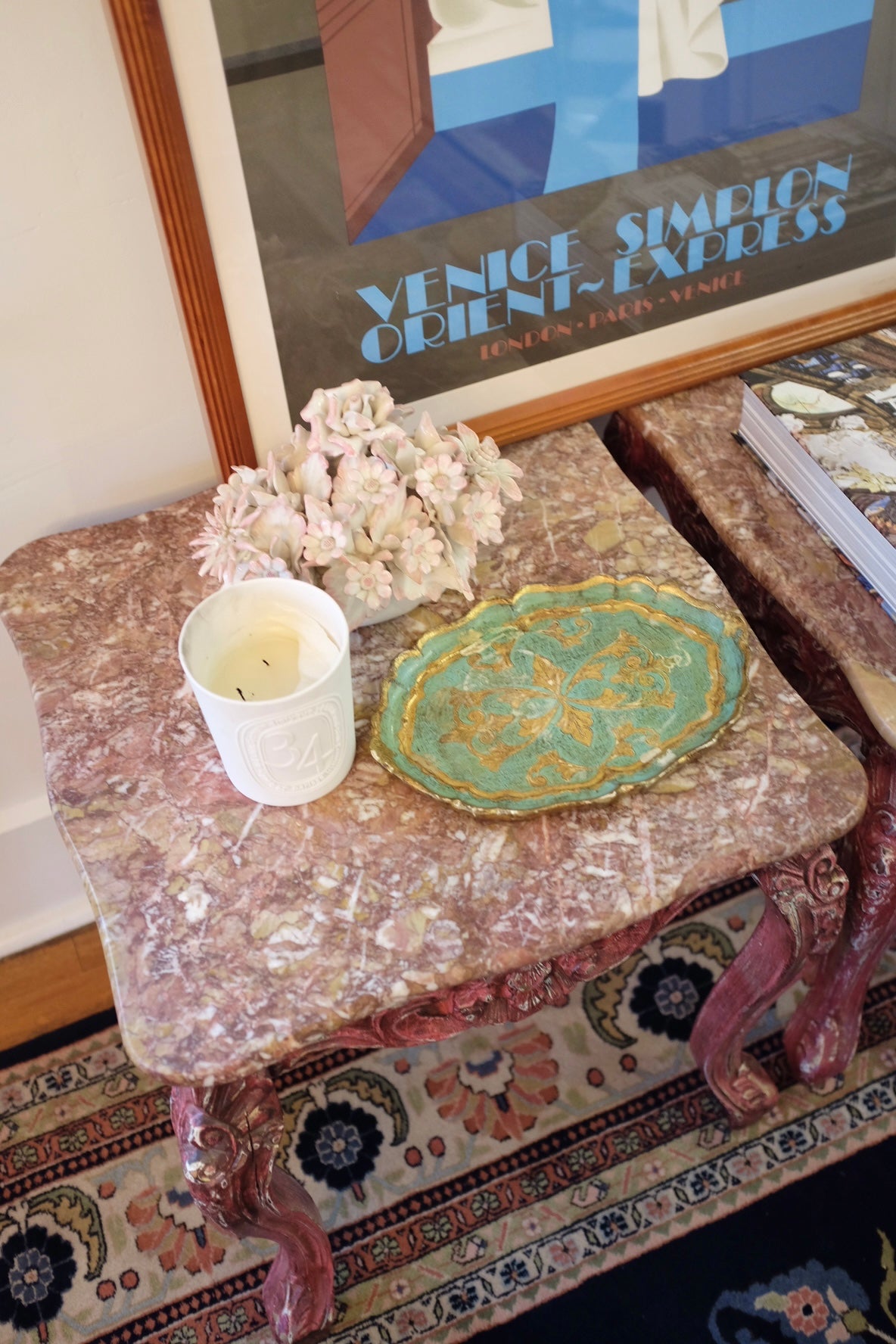 20th Century Carved Wood Pink Marble Top Tables