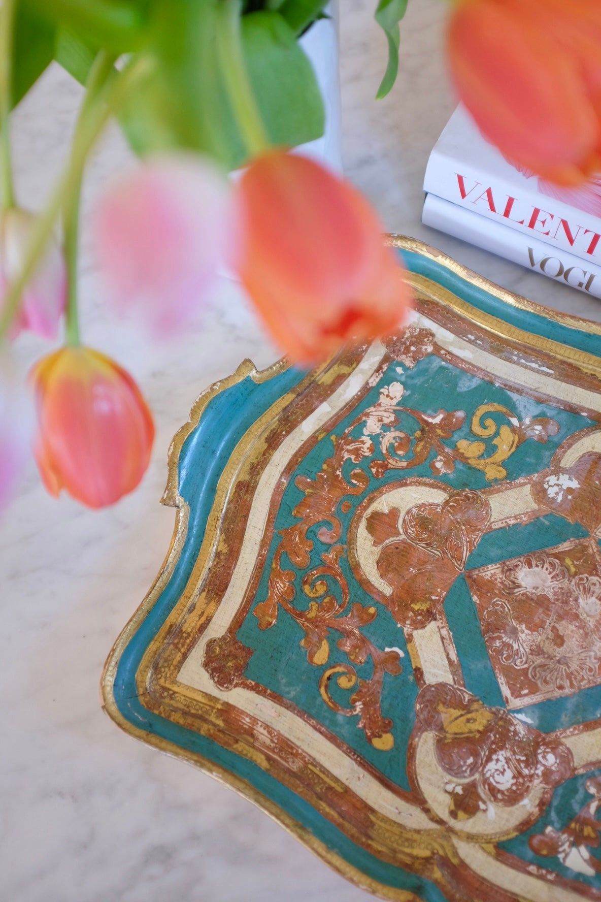 1950s Teal and Gilt Gold Florentine Tray