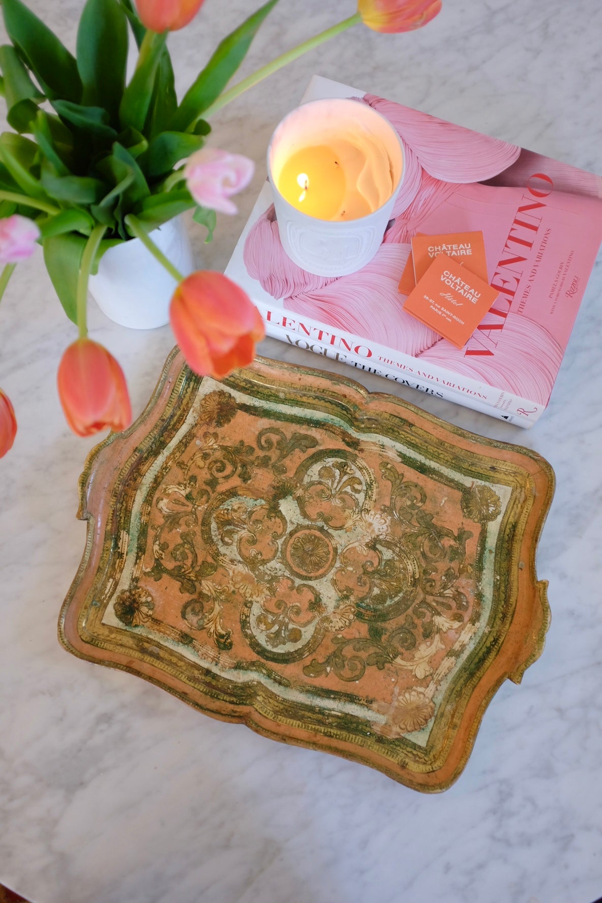 1950s Florentine Pink and Gold Tray