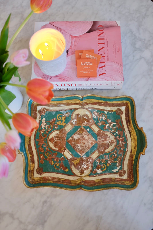 1950s Teal and Gilt Gold Florentine Tray