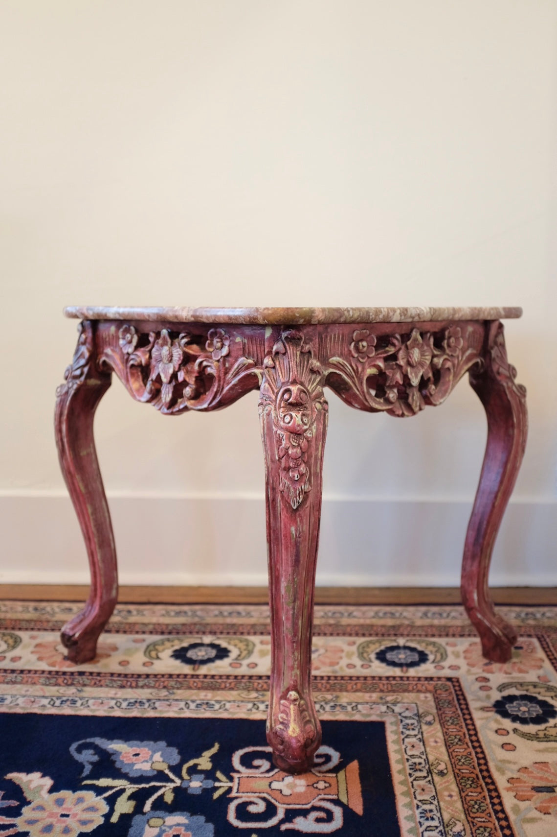 20th Century Carved Wood Pink Marble Top Tables
