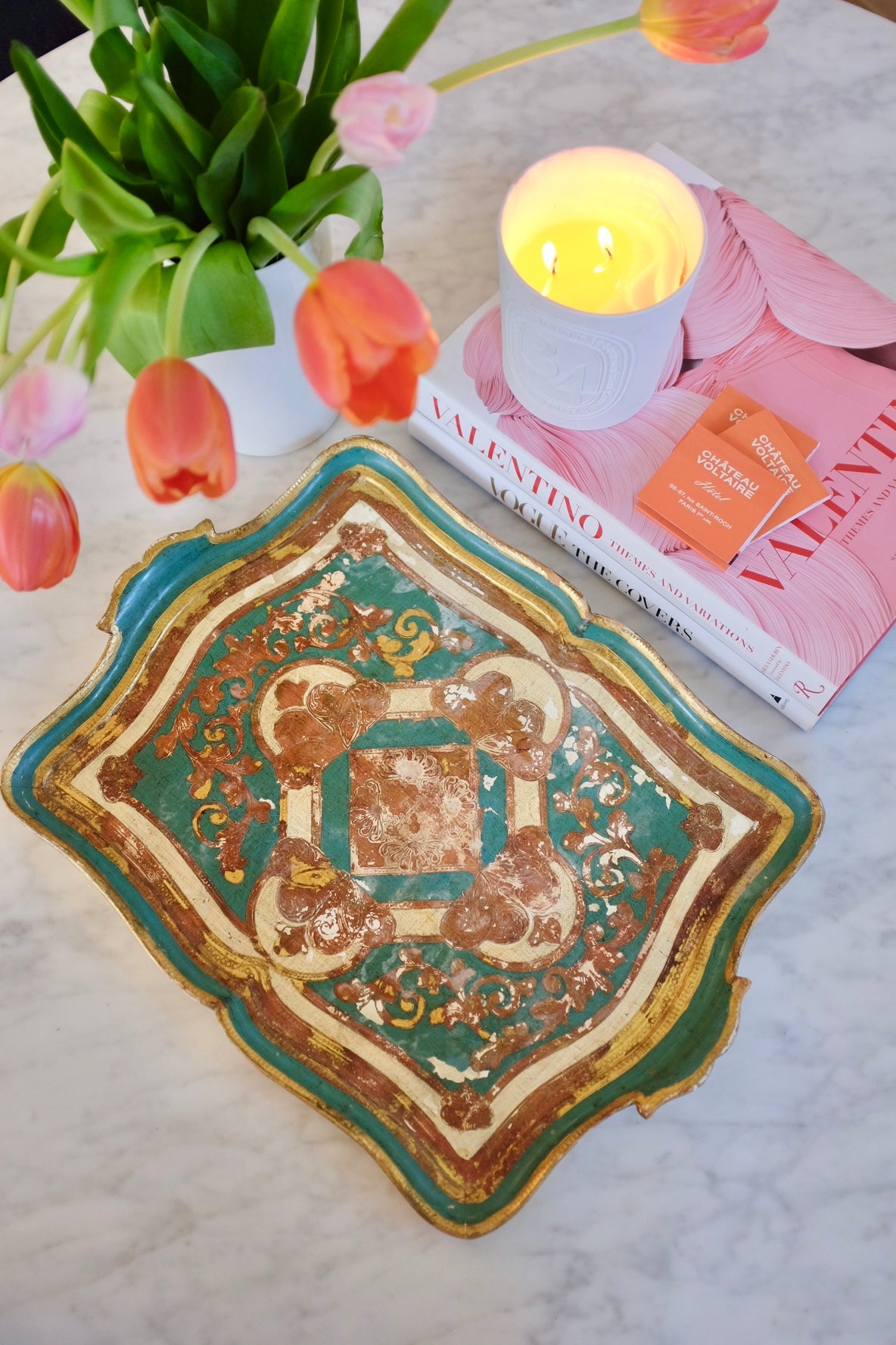 1950s Teal and Gilt Gold Florentine Tray