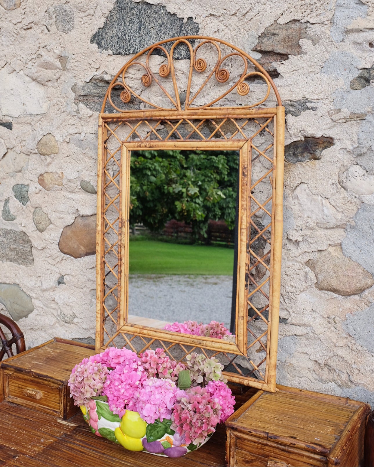 Arched Burnt Bamboo Wall Mirror