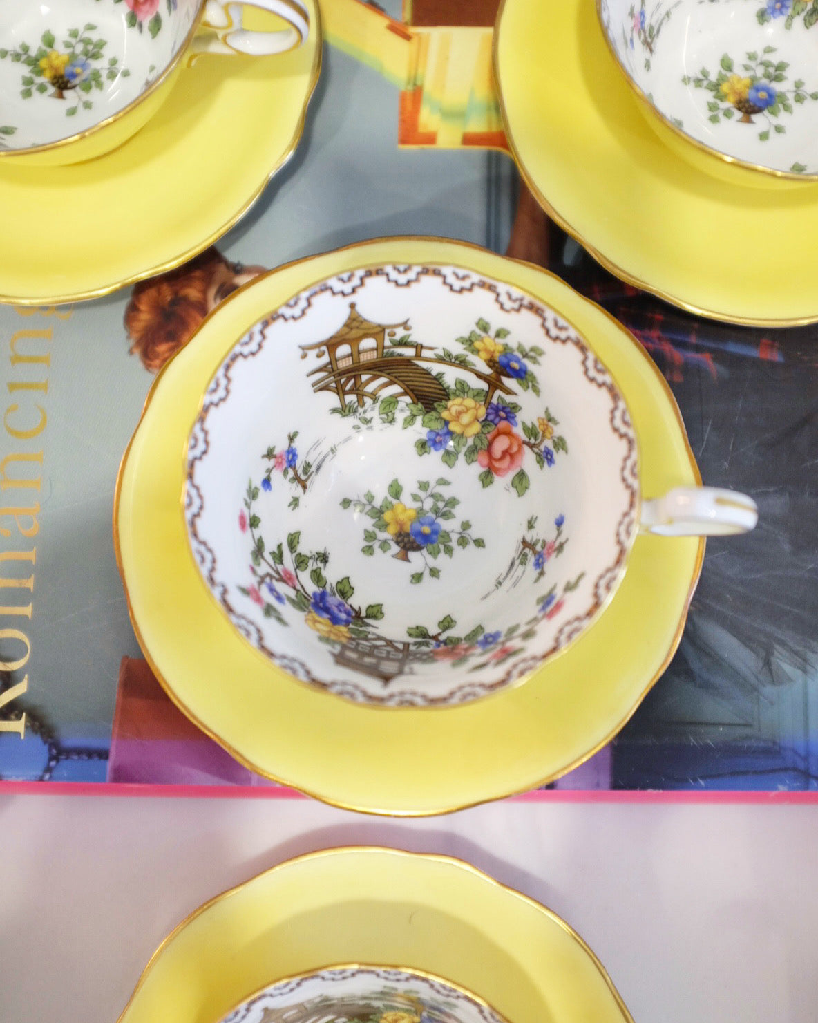 Yellow Aynsely England Pagoda Pattern Tea Cups & Saucers