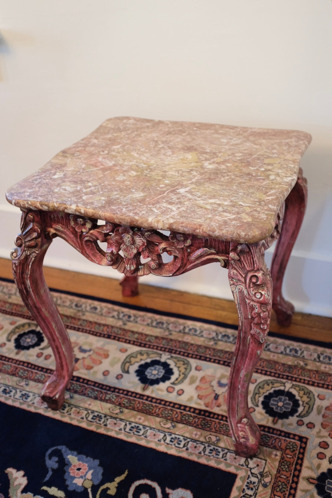 20th Century Carved Wood Pink Marble Top Tables