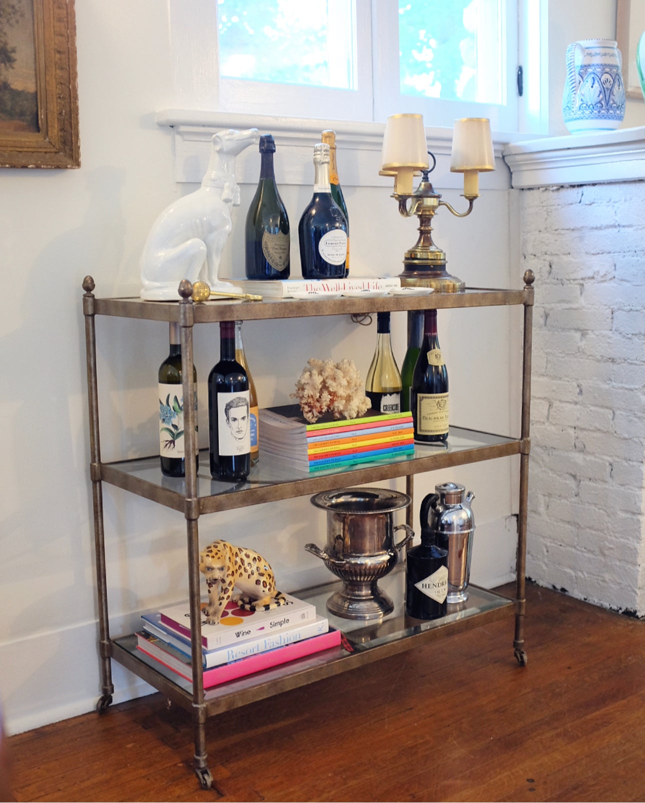 Drexel Brass Console Table/Bar Cart on Casters