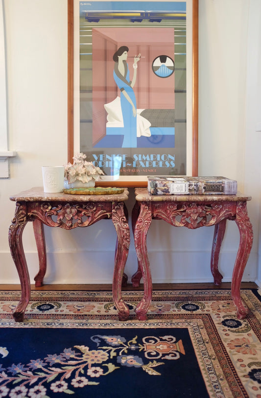 20th Century Carved Wood Pink Marble Top Tables