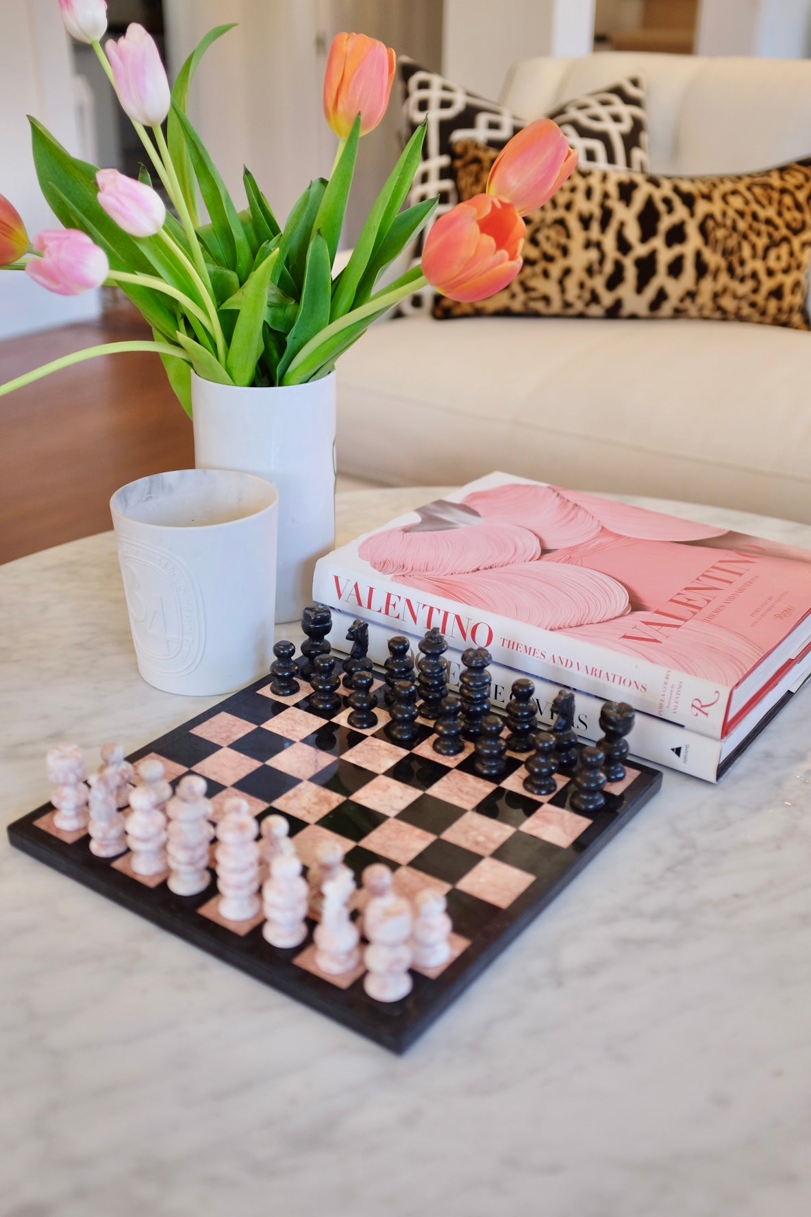 Pink and black marble chess board