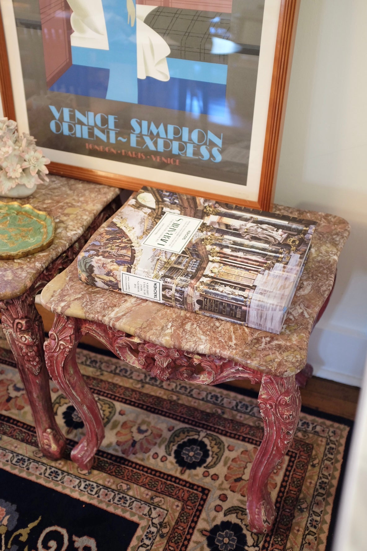 20th Century Carved Wood Pink Marble Top Tables