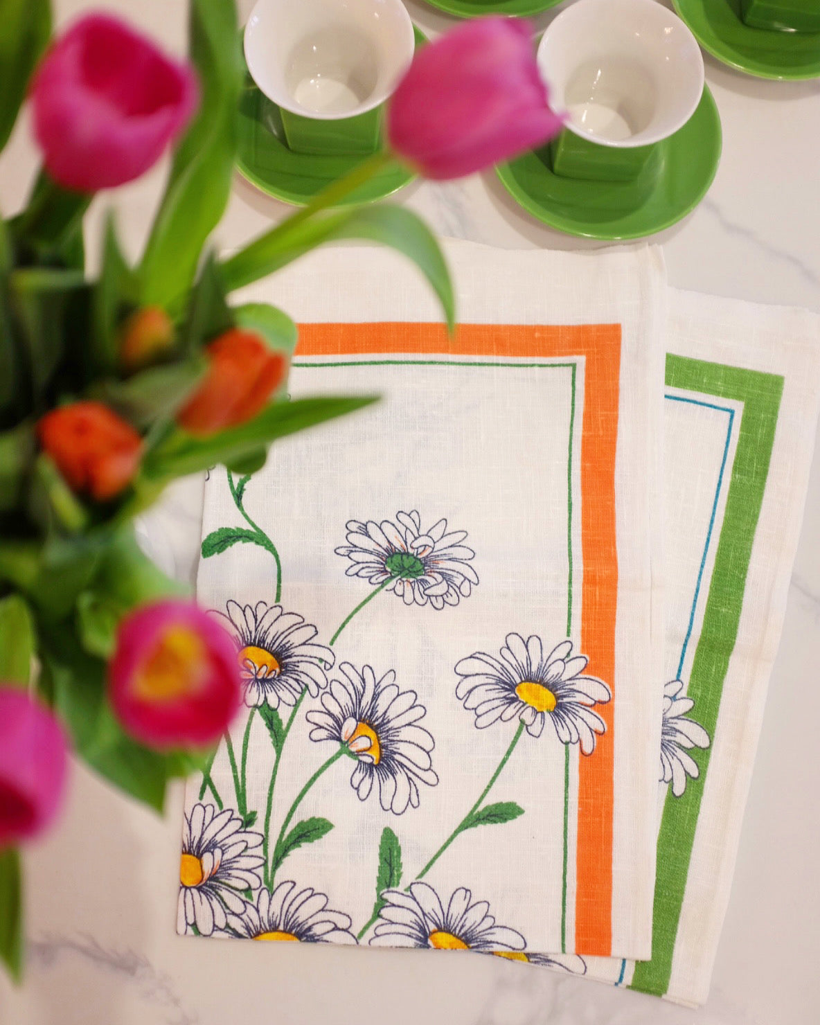 Green and Orange Daisy Kitchen Towels