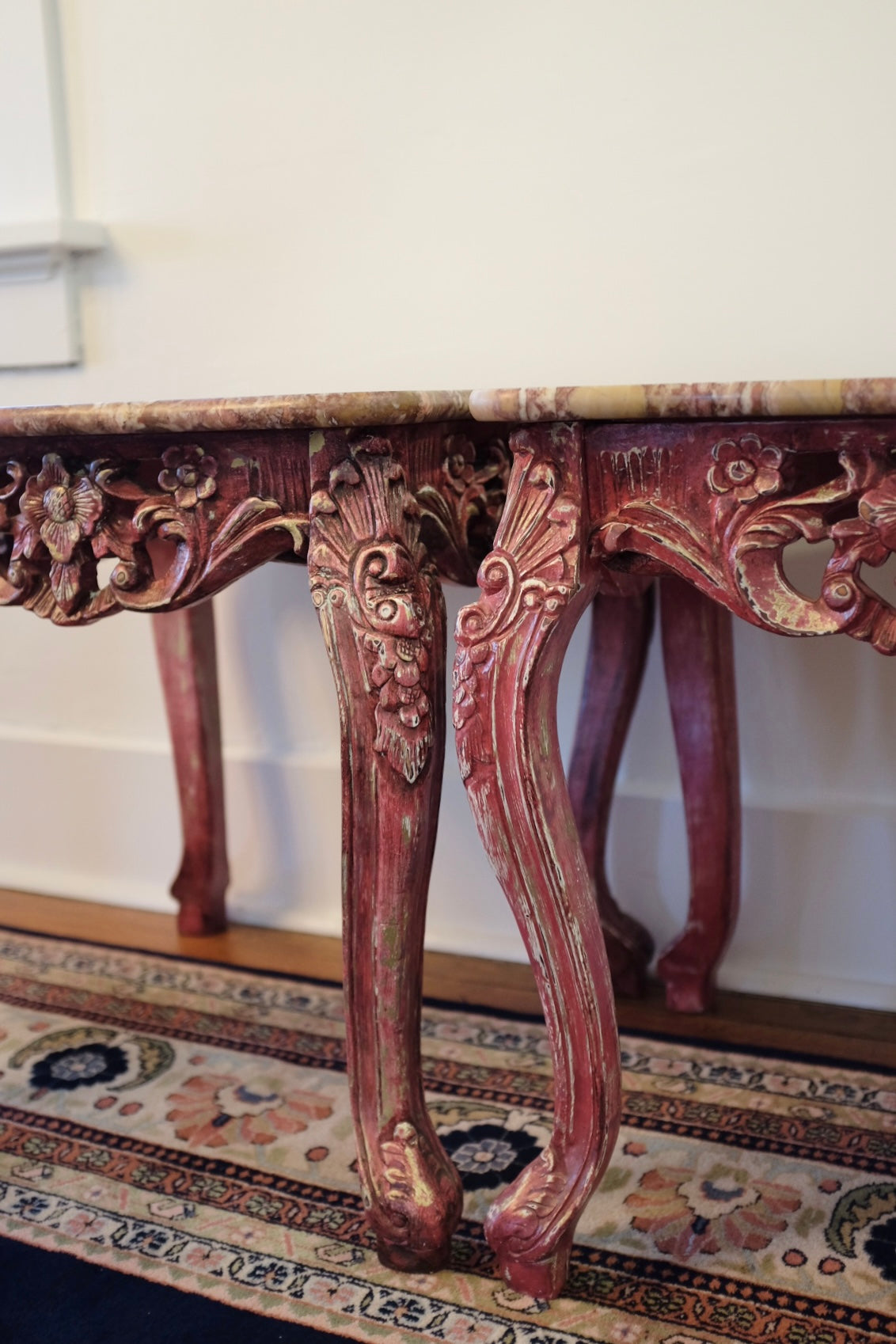 20th Century Carved Wood Pink Marble Top Tables