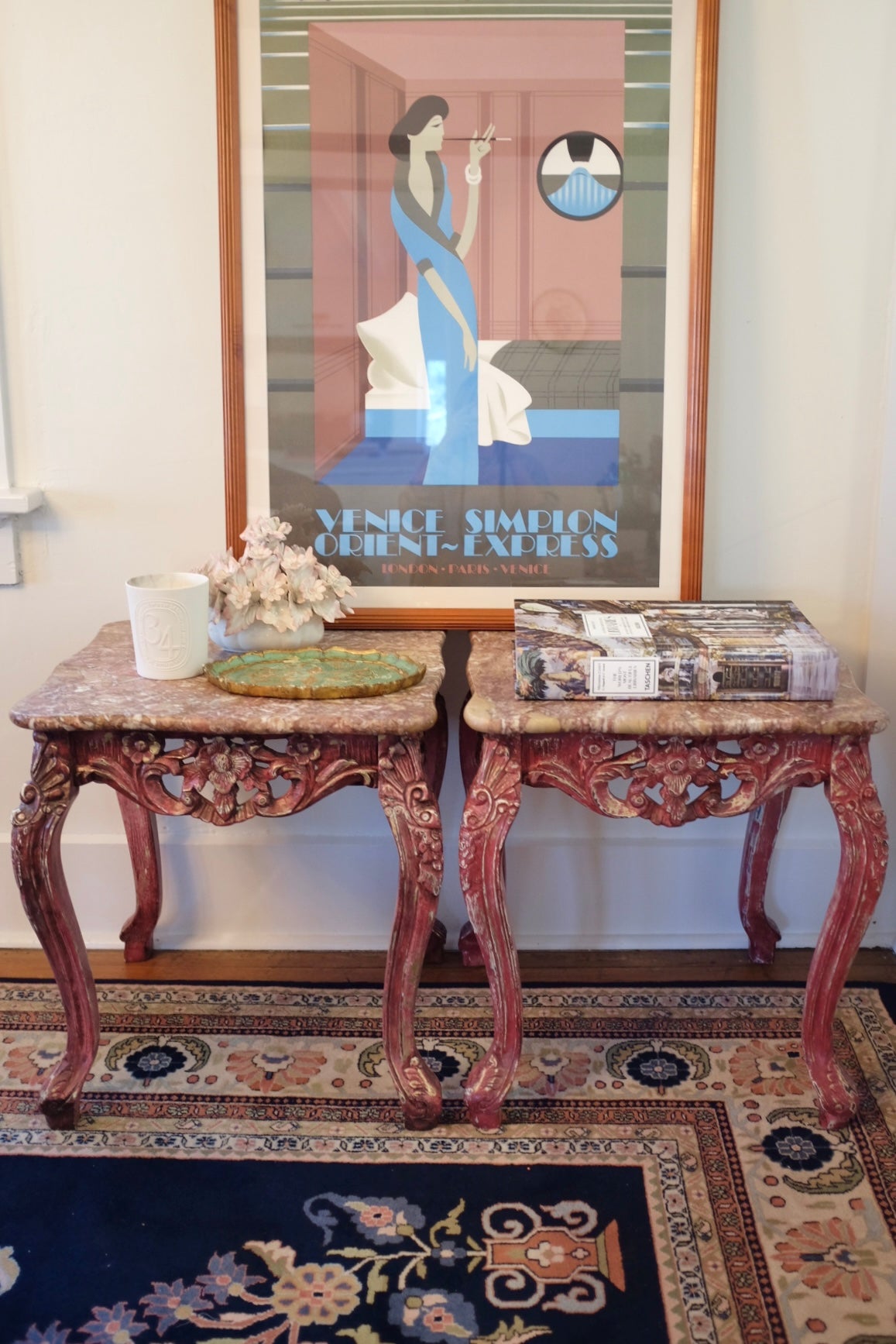 20th Century Carved Wood Pink Marble Top Tables