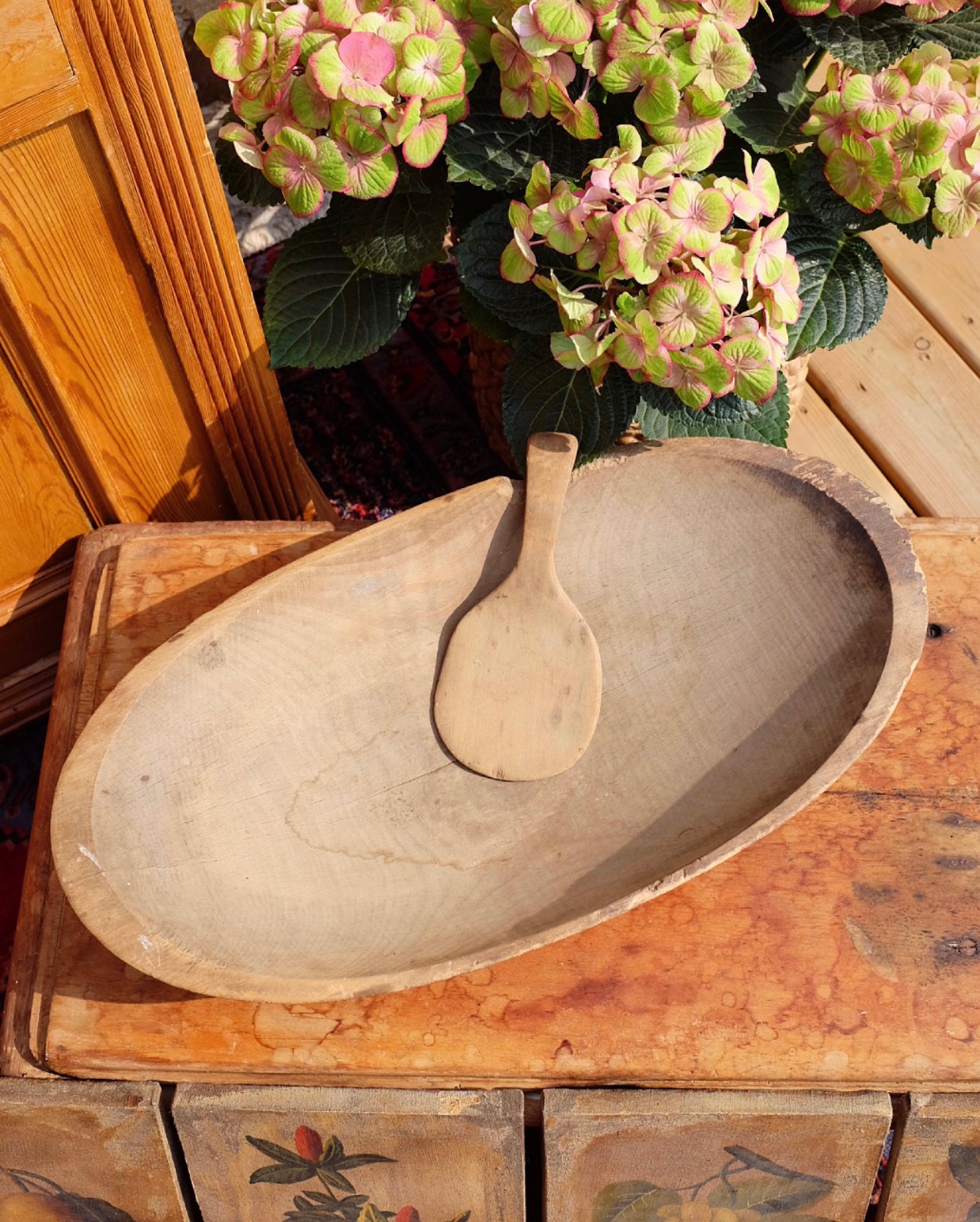 Antique Dough Bowl with Butter Paddle