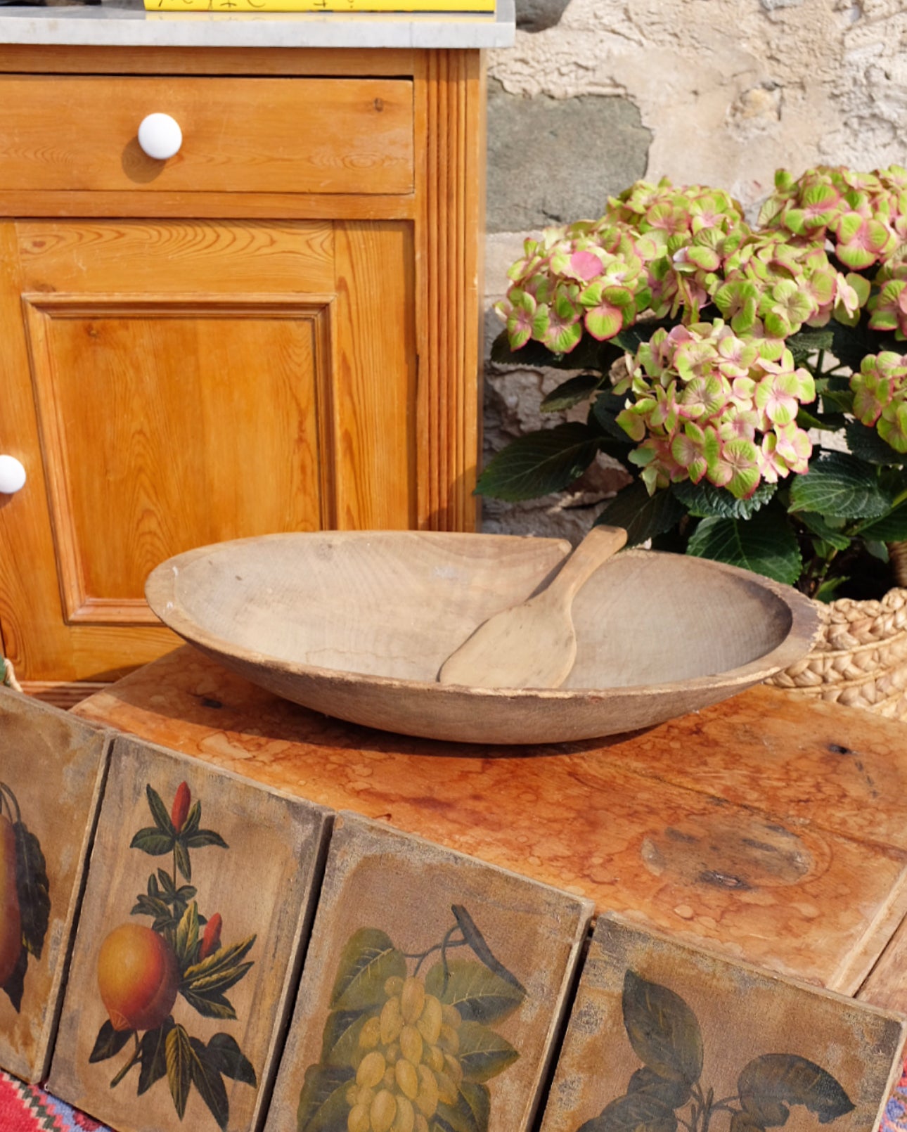 Antique Dough Bowl with Butter Paddle