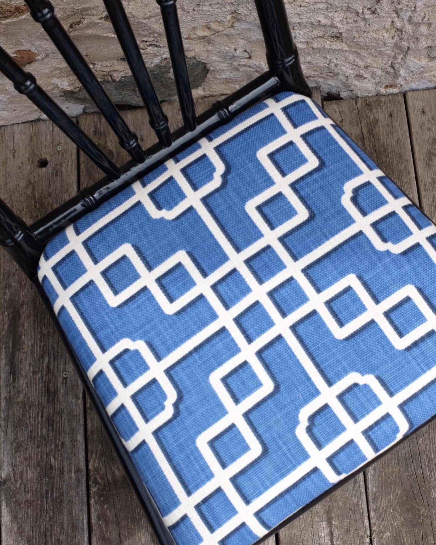 Black Lacquered Faux Bamboo Chairs with Trellis Upholstery