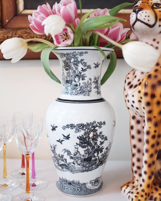 Black and White Rooster Toile/Chinoiserie Vase