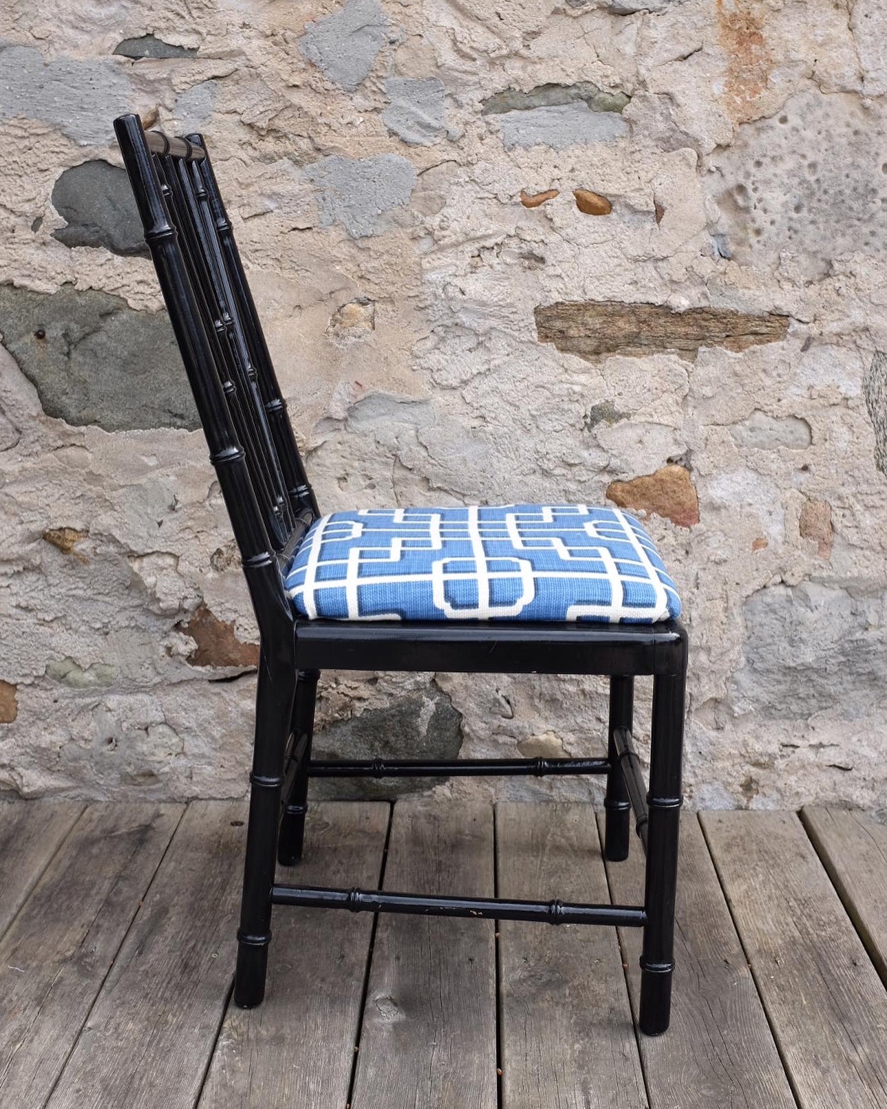 Black Lacquered Faux Bamboo Chairs with Trellis Upholstery