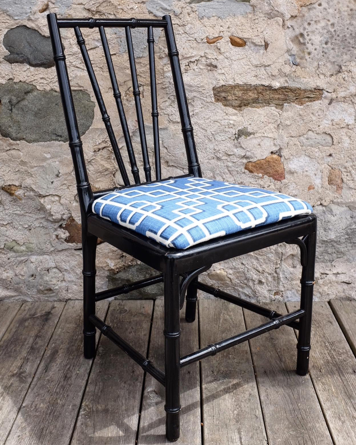 Black Lacquered Faux Bamboo Chairs with Trellis Upholstery