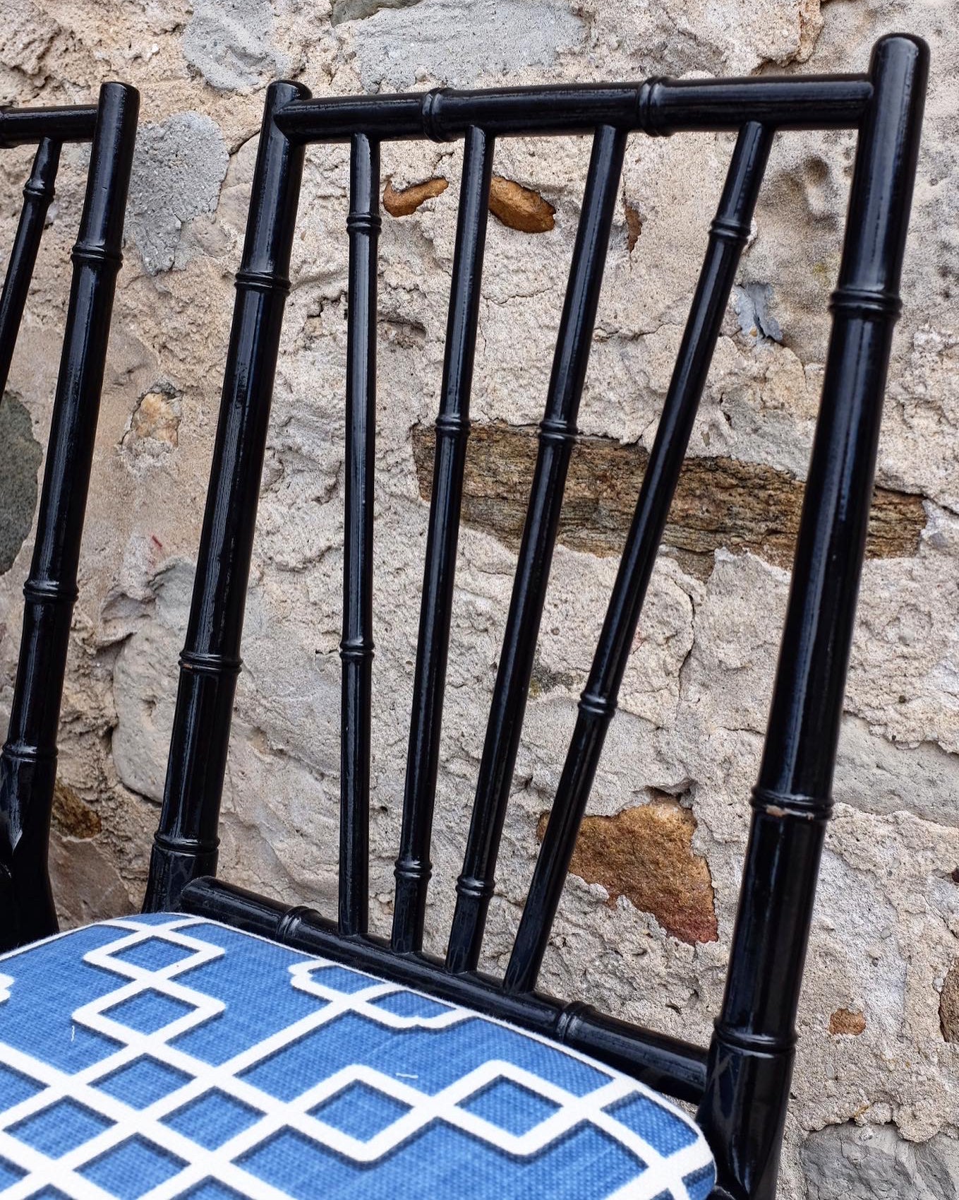 Black Lacquered Faux Bamboo Chairs with Trellis Upholstery