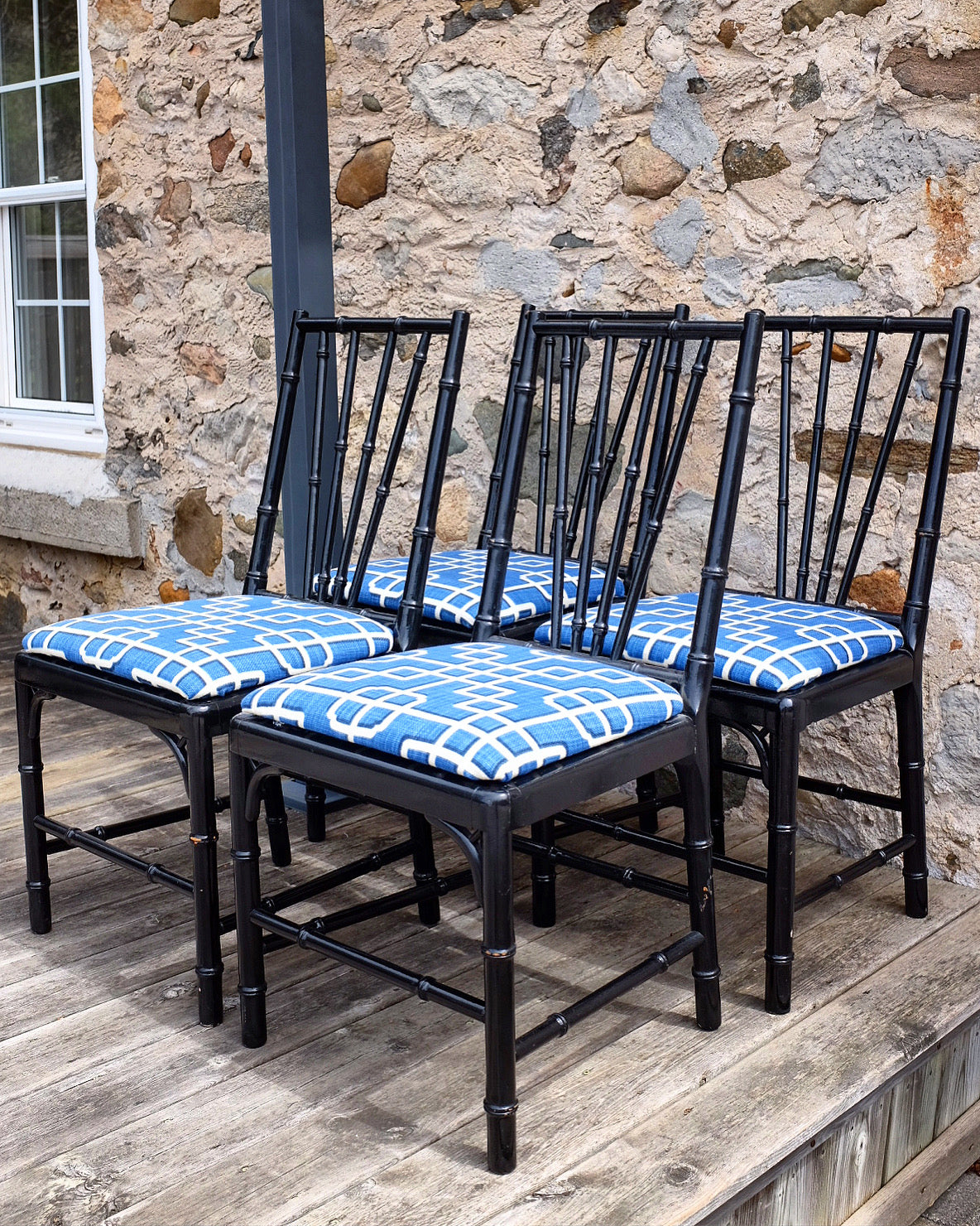Black Lacquered Faux Bamboo Chairs with Trellis Upholstery