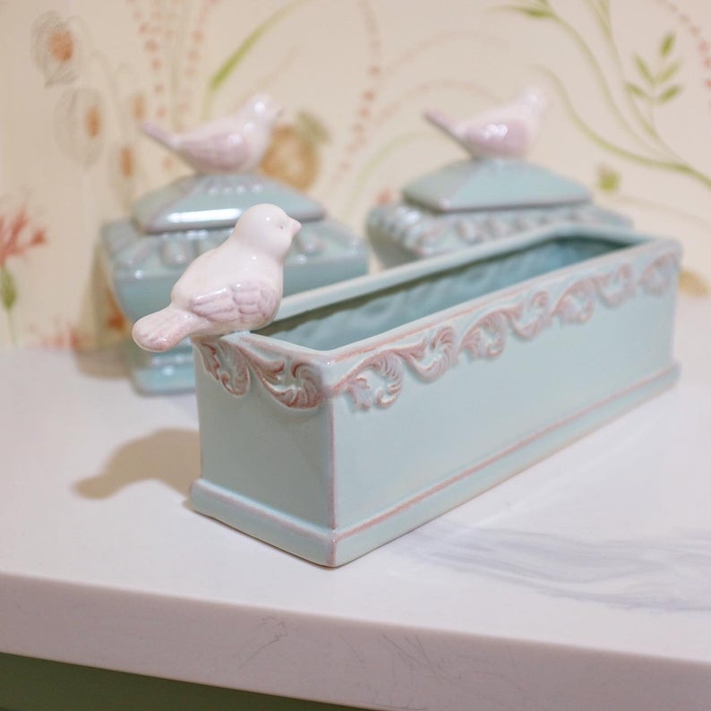 Set of Three Pale Blue Tricket Dishes with White Bird Details