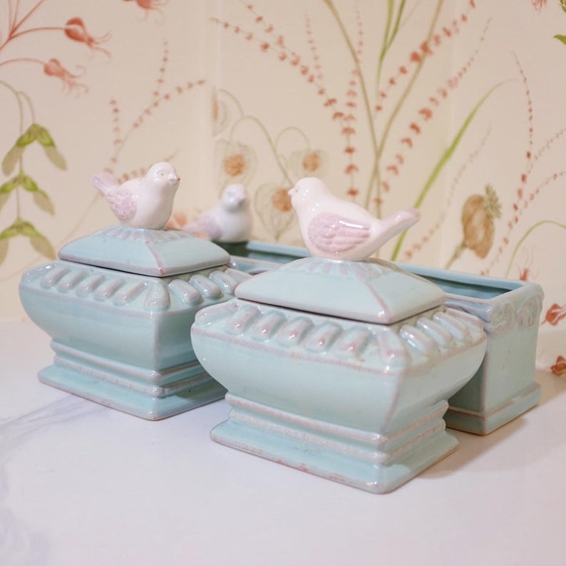Set of Three Pale Blue Tricket Dishes with White Bird Details
