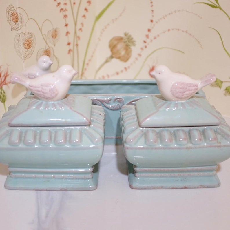 Set of Three Pale Blue Tricket Dishes with White Bird Details