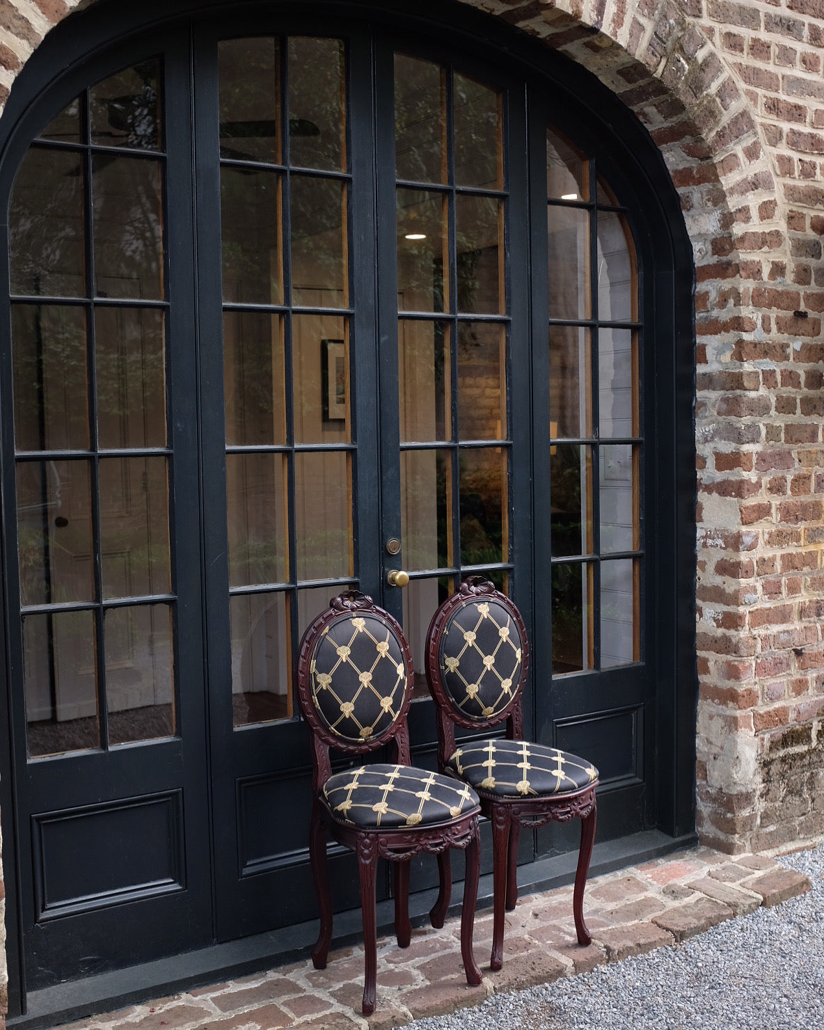 Pair of Rams Head Upholstered Small Occasional Chairs