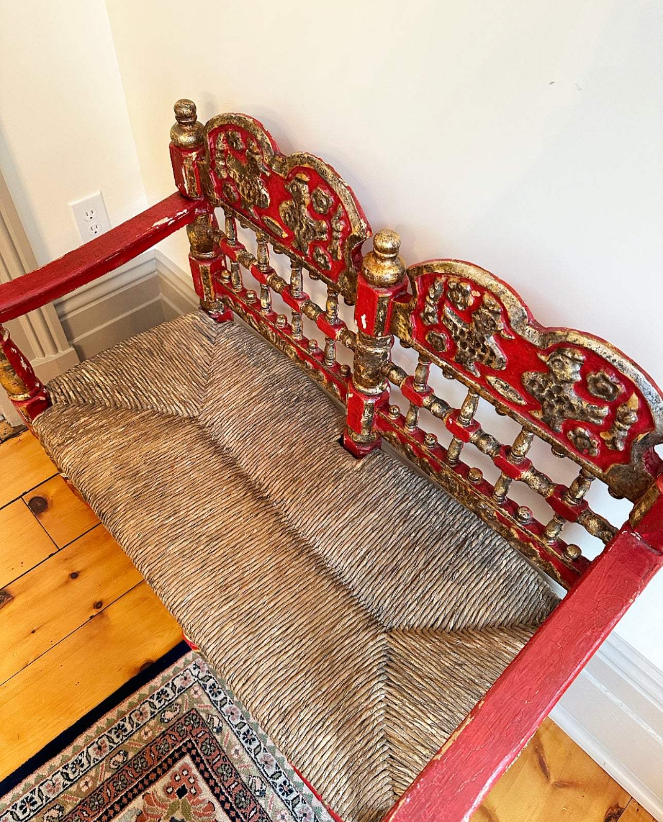 19th Century Spanish Andalusian Polychrome Red and Gold Bench