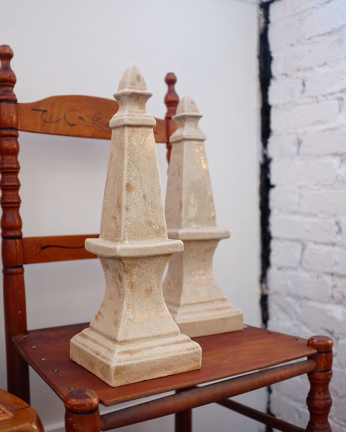 Pair of Beige Crackle Obelisks
