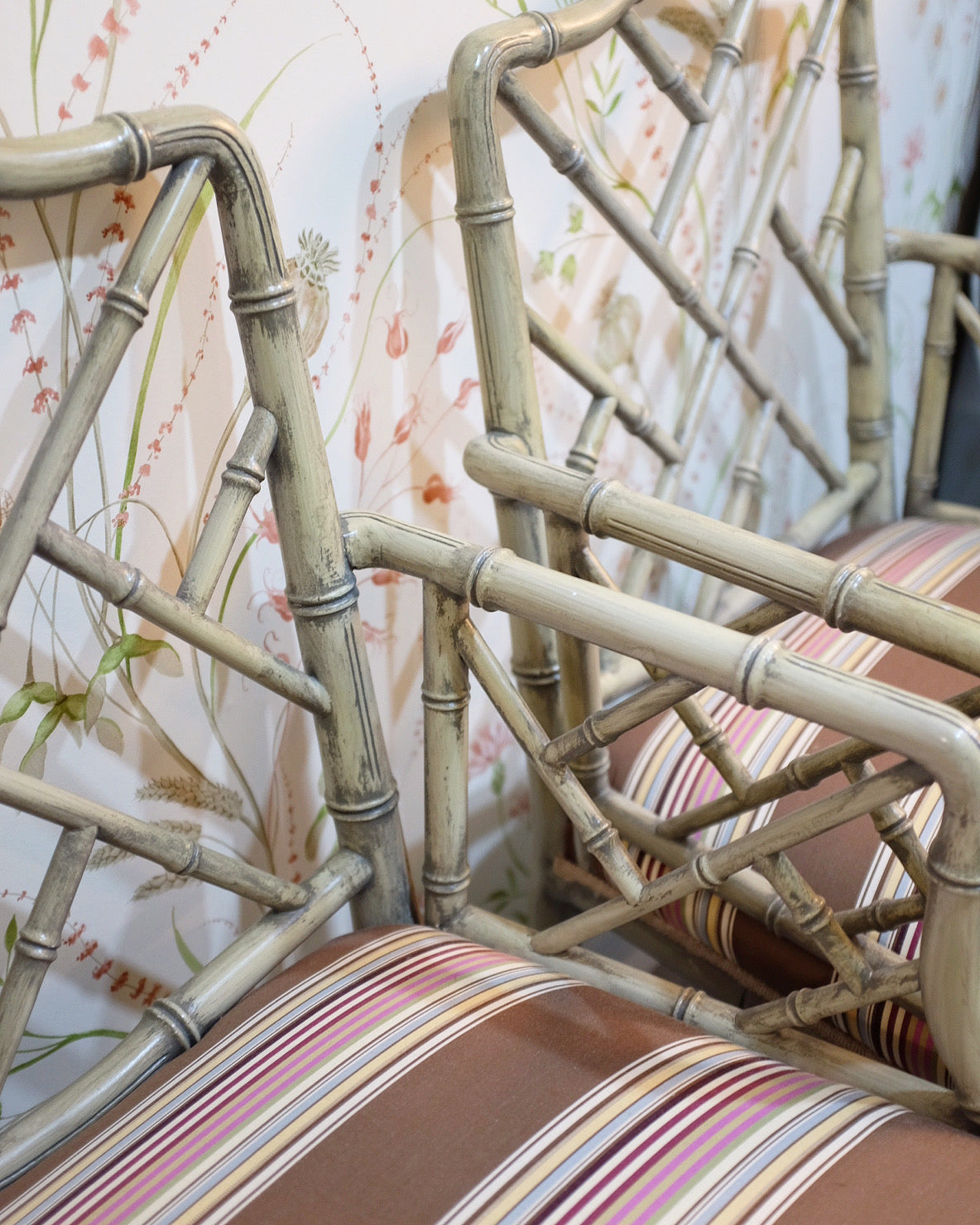 Distressed Pair of Faux Bamboo Captains Chairs