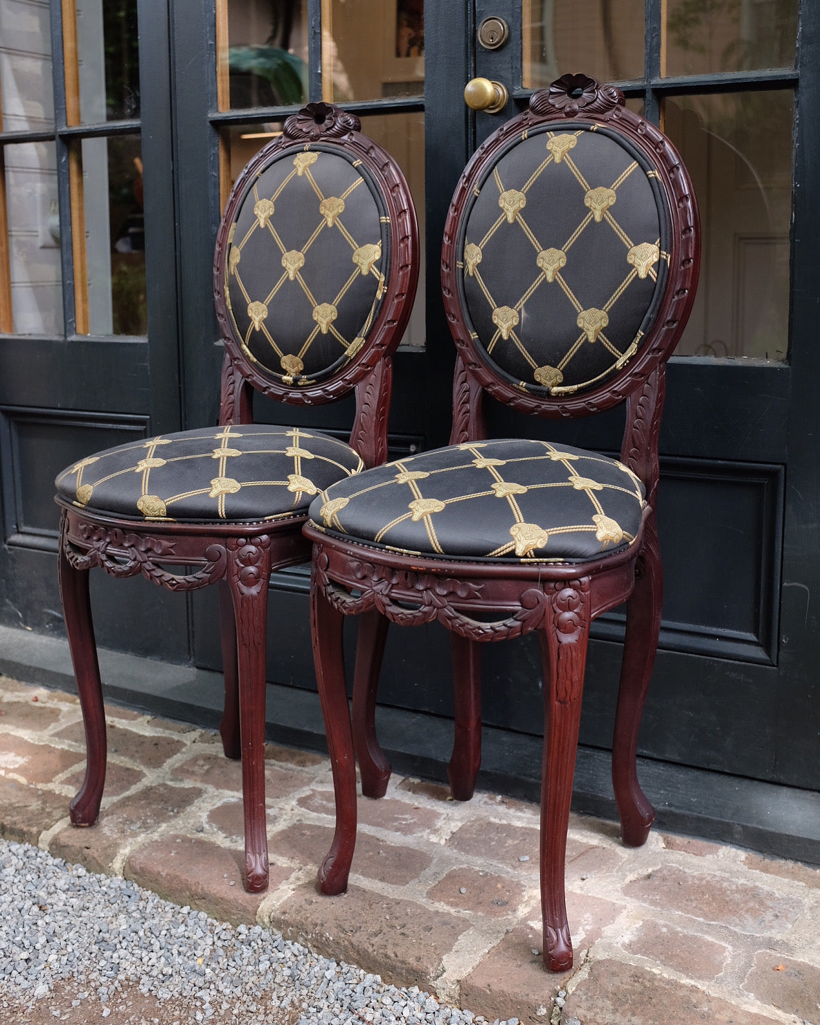 Pair of Rams Head Upholstered Small Occasional Chairs