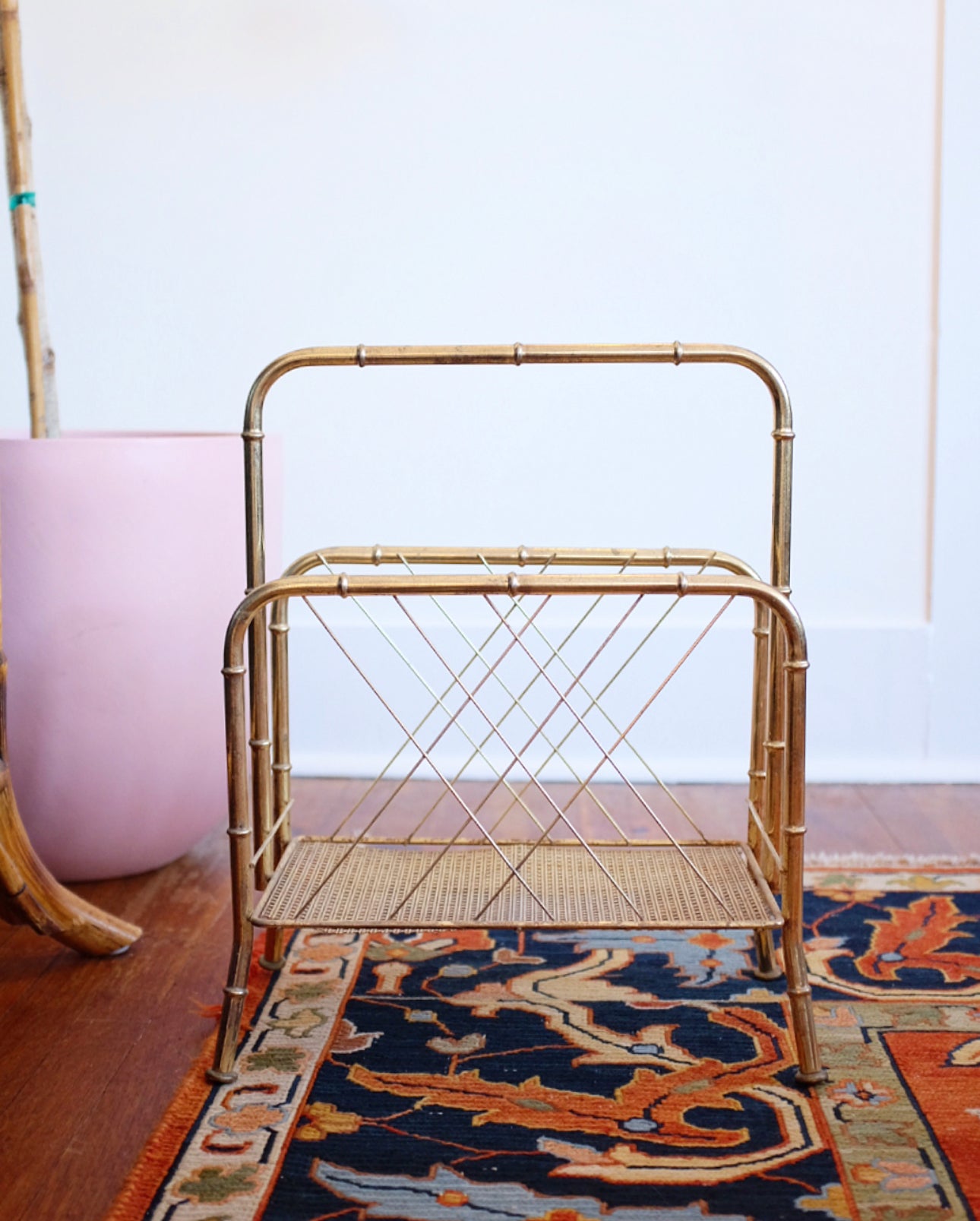 Brass Faux Bamboo and Cane Magazine Rack
