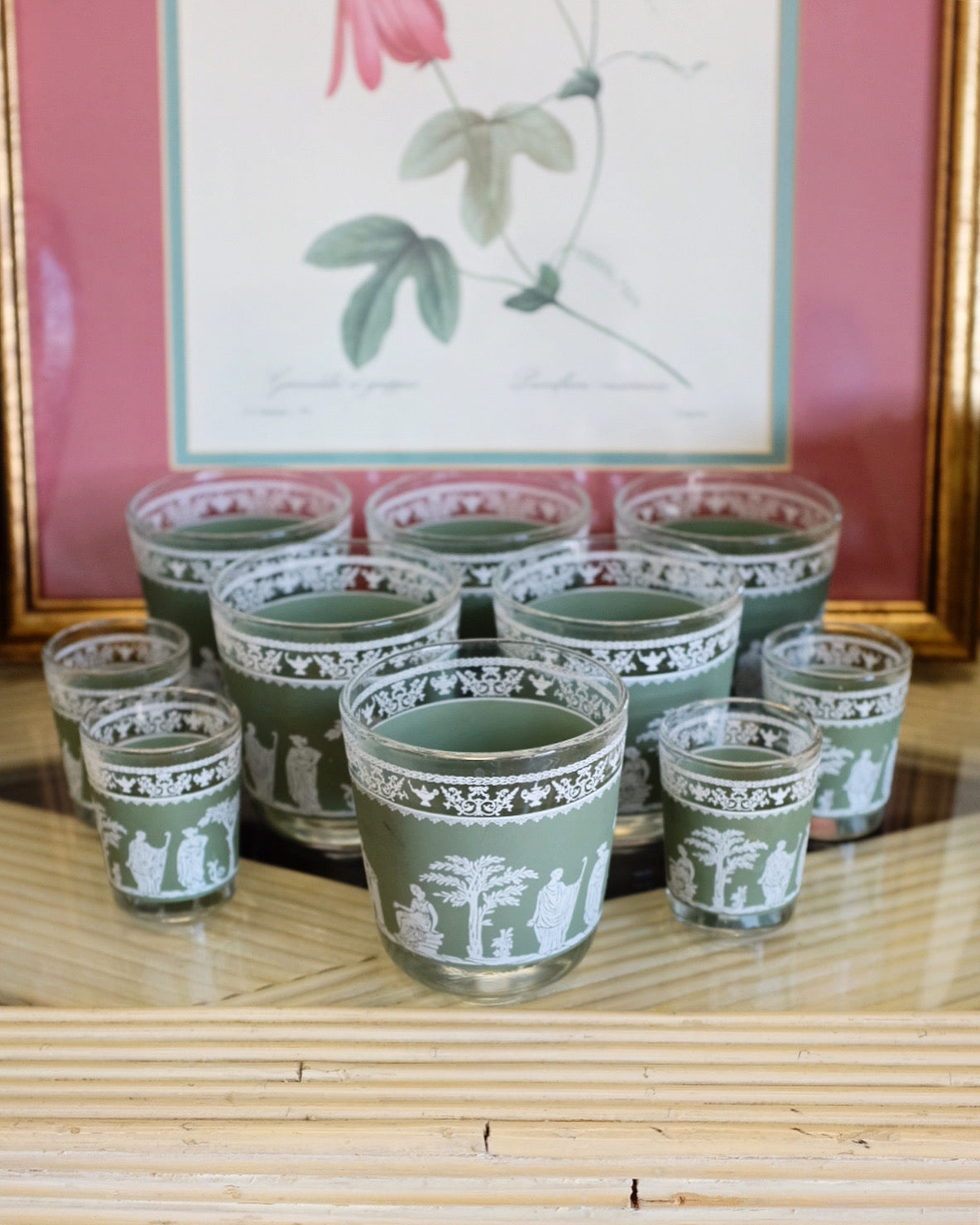 Set of Wedgwood Greek Green Jasperware Rocks and Shot Glasses