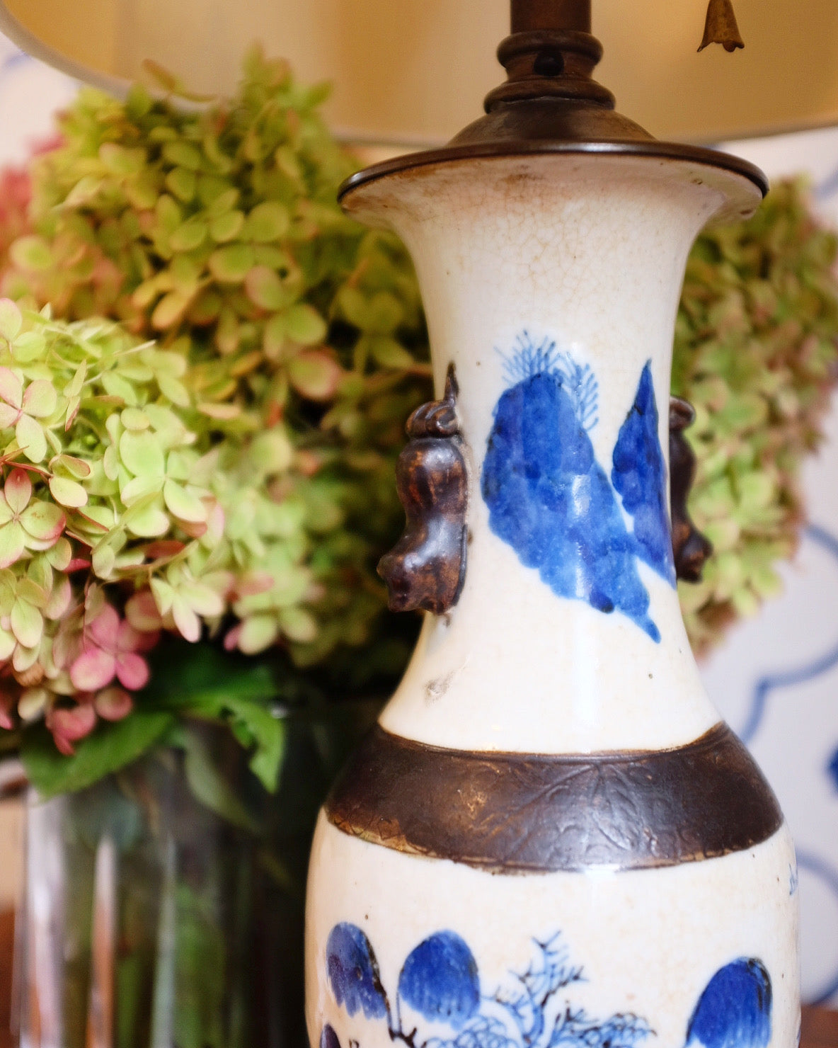 Small Blue and White Lamp with Brass Details