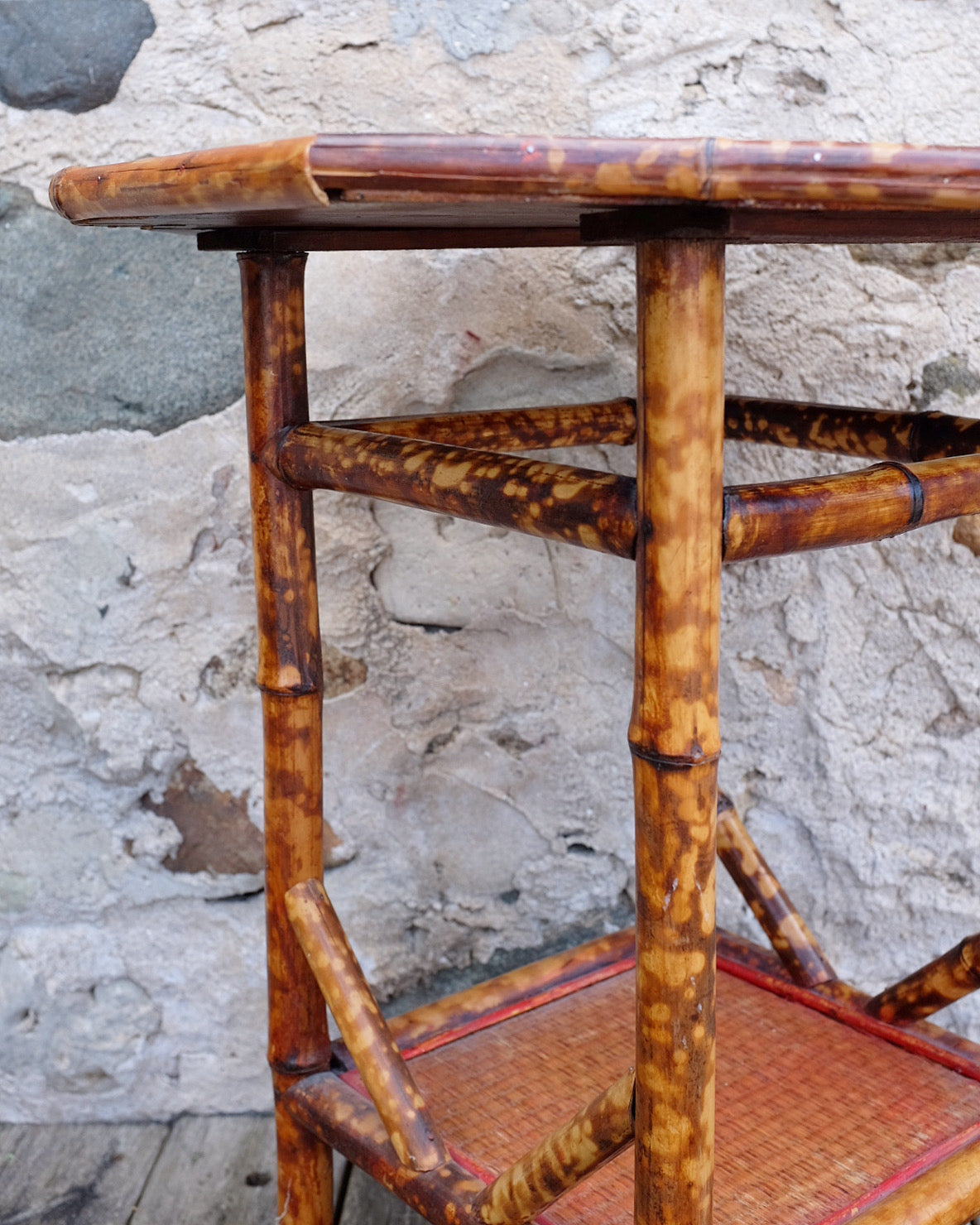 English Floral Top Octagonal Burnt Bamboo Table