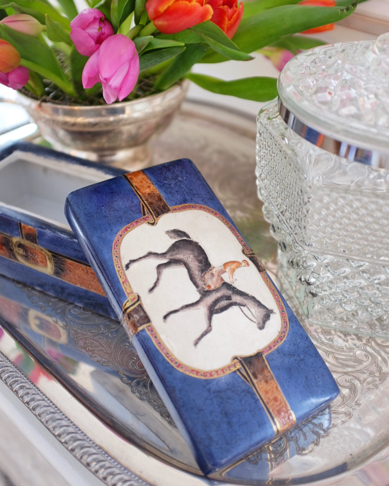 Navy Blue and Brown Ceramic Box with Equestrain