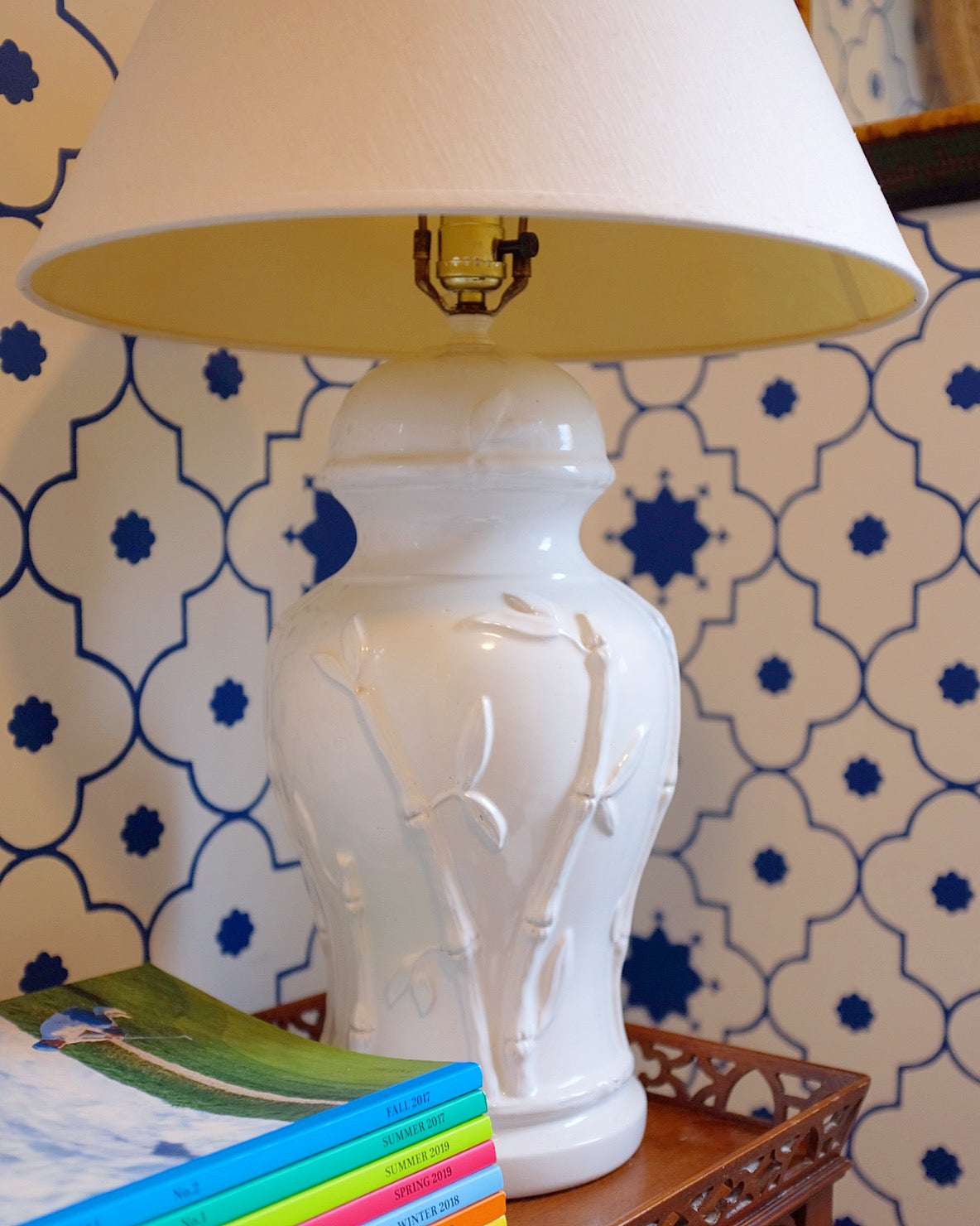 White Ginger Jar Lamp with Bamboo Details